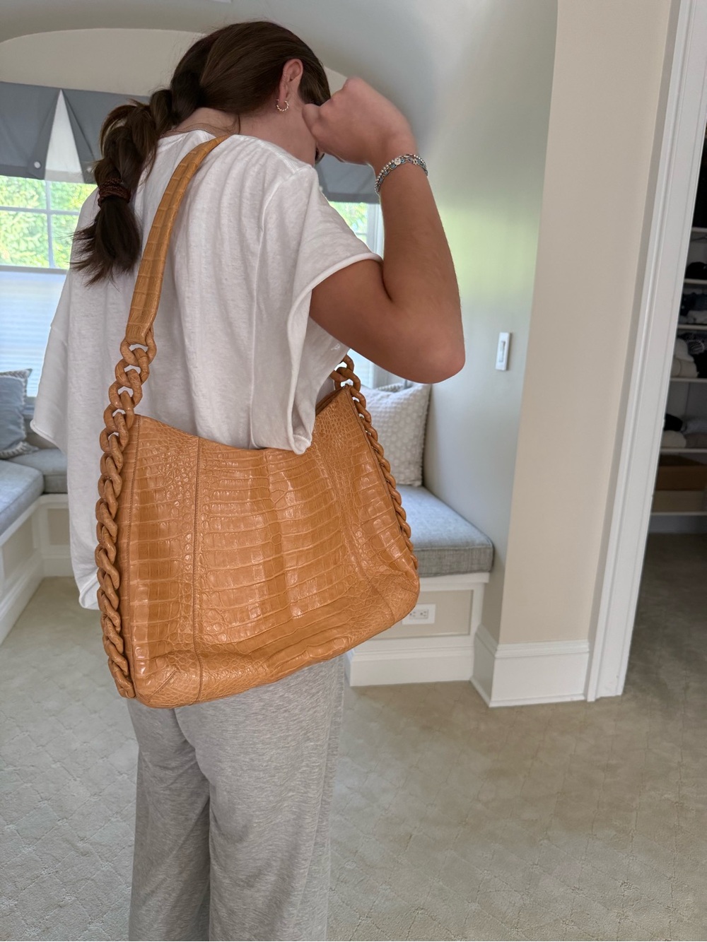 Nancy Gonzalez Croc-Embossed Caramel Shoulder Bag with Braided Strap - Picture 3 of 7